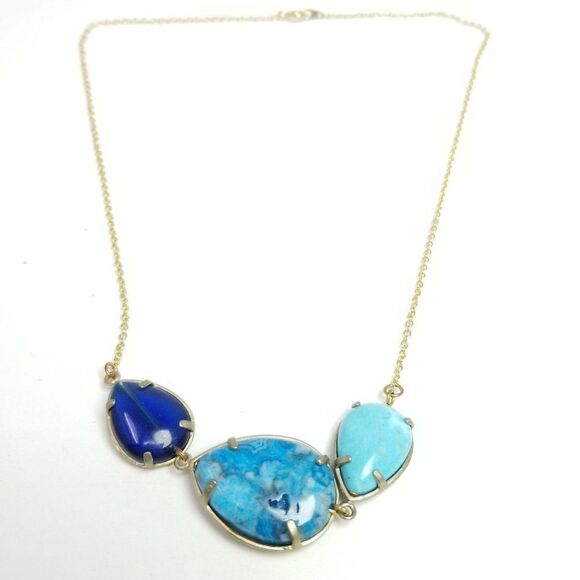 Vintage Blue Tone Drop Shape Cabochon Necklace, Gold Tone Chain, Estate - Picture 1 of 5